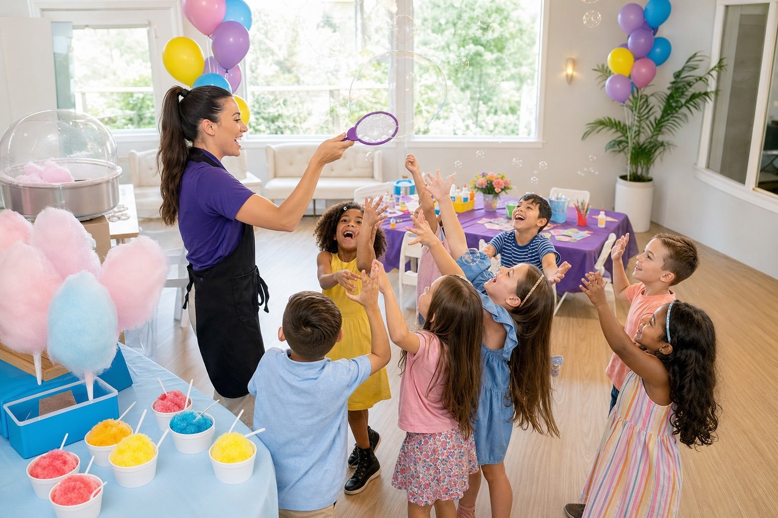 Children enjoying bubbles and a food station in the Platinum Package